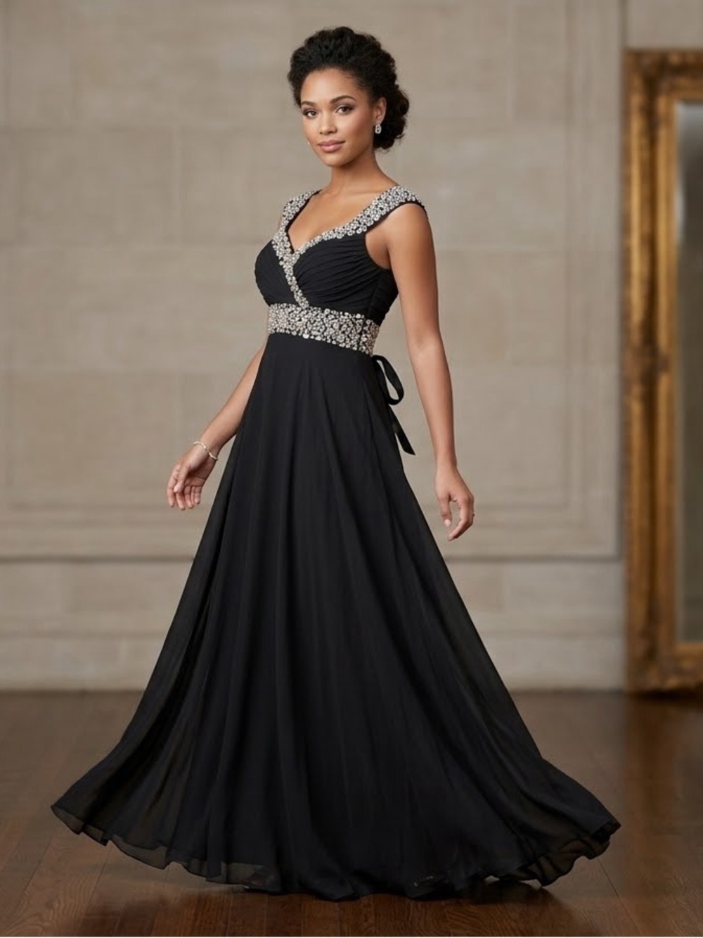 NWT Sarahbridal Beaded Chiffon Evening Gown Prom Dress Black US 2